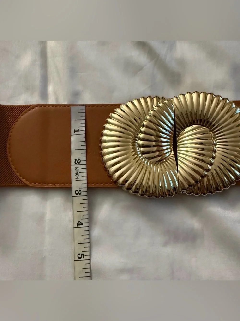 Brown PU leather elastic waistband belt with gold tone buckle